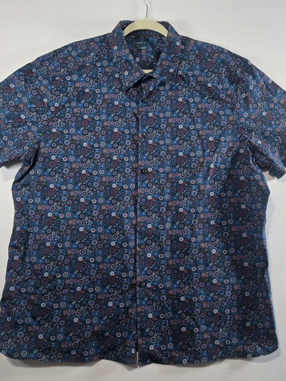 Perry Ellis Mens 1X Blue Geometric Circle Stretch Short Sleeve Button Up Shirt